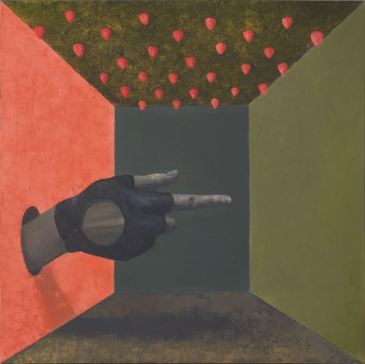 Abstract artwork with a hand pointing at a grid of red shapes on a multicolored background