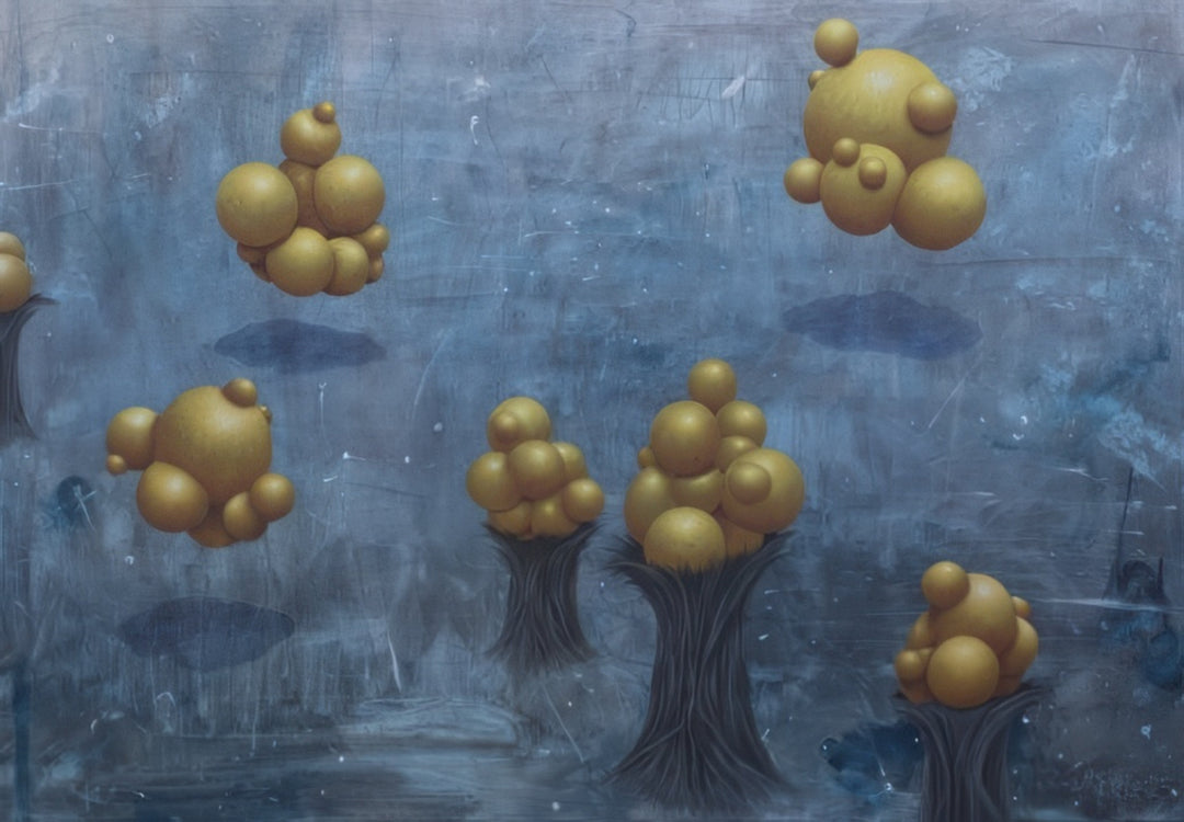Eruptions” by Andrius Miezis – surreal contemporary painting featuring floating golden bubble-like forms against a textured blue background, symbolizing bursts of emotion and creativity, available as a museum-quality giclée print by Giclée Makers, Scottsdale AZ