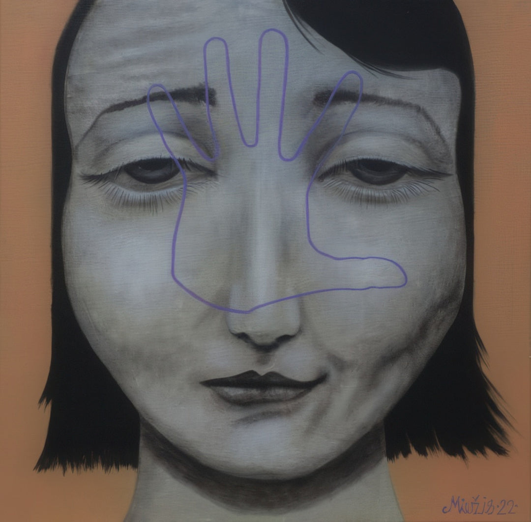 “Feeling Stigma” by Andrius Miezis – surreal portrait of a contemplative woman’s face with symbolic lines, contemporary figurative art giclée print by Giclée Makers.
