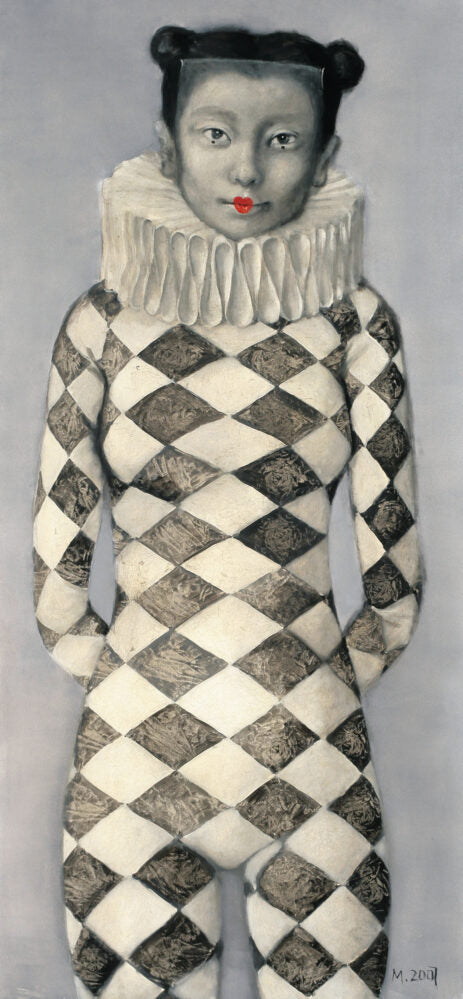 Person wearing a black and white checkered outfit with a high collar on a gray background