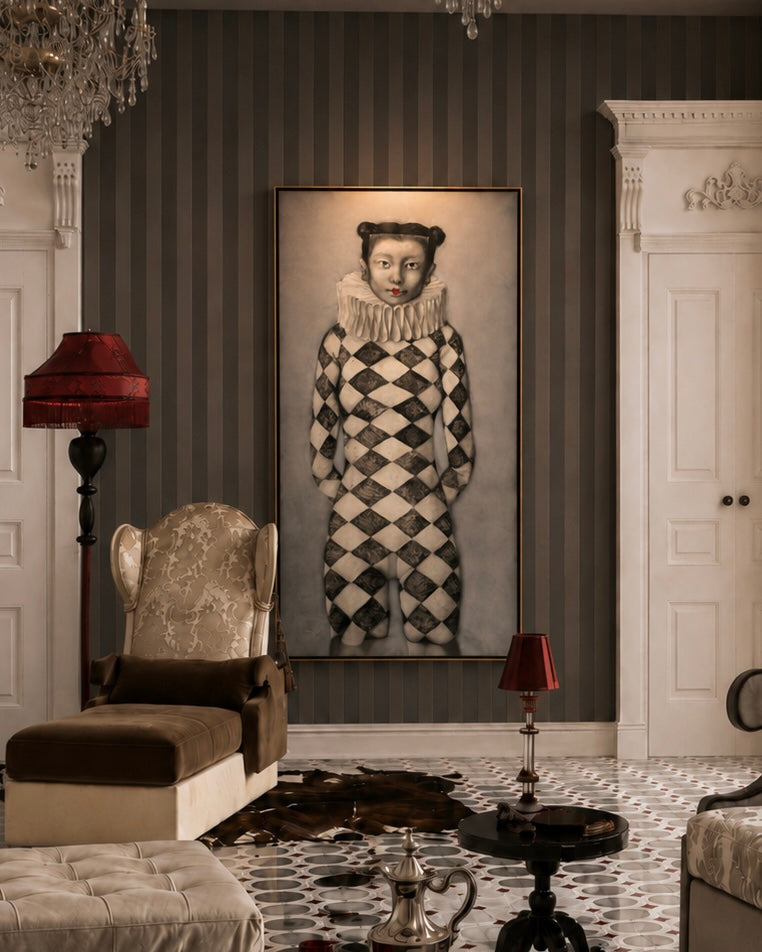 Living room with a portrait of a person in a checkered outfit on the wall.