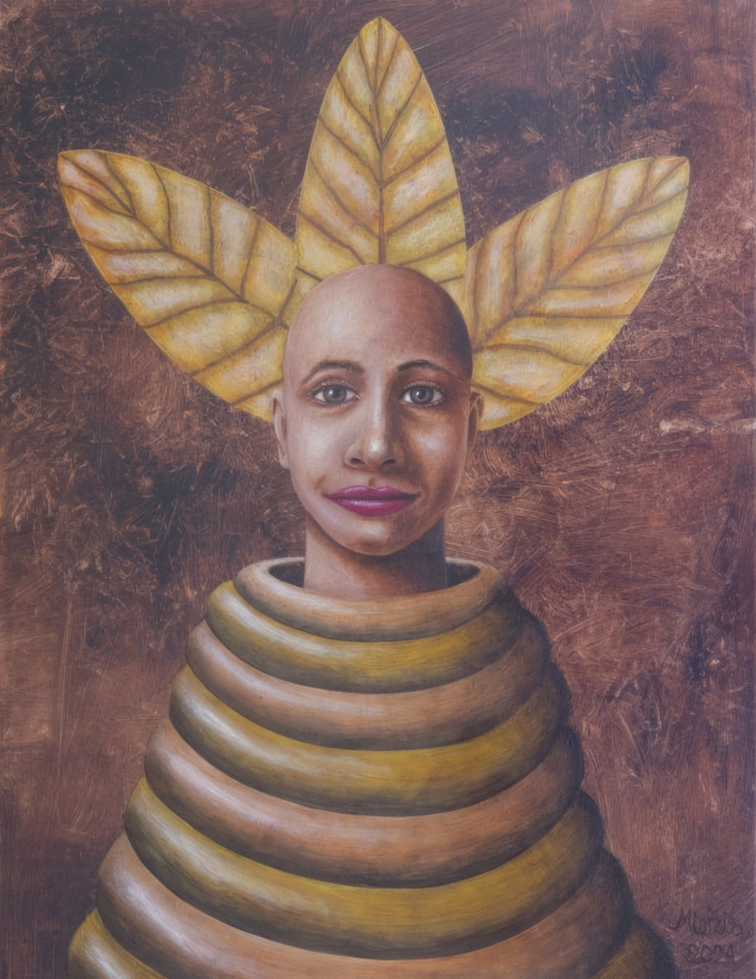 “Queen of the Invisible Country” by Andrius Miezis – surreal portrait of a figure with golden leaf crown and layered garment, symbolic contemporary art giclée print by Giclée Makers.