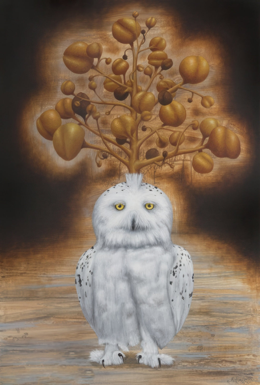 “Coffee” by Andrius Miezis – surreal painting of a white owl with a tree made of coffee beans growing above its head, symbolizing creativity and warmth, giclée print by Giclée Makers