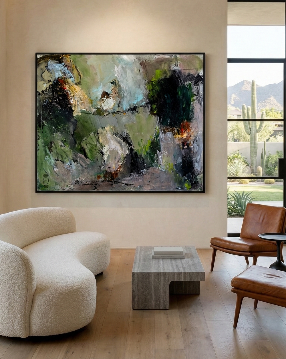 Modern living room with abstract painting, white sofa, and wooden chairs.