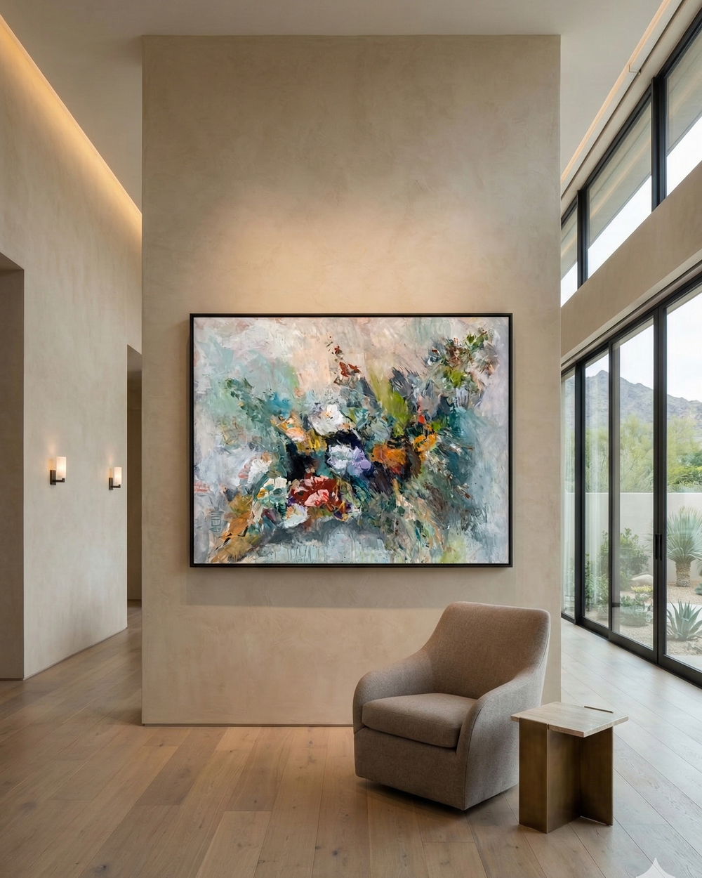 Modern interior with a large abstract painting on a wall, a chair, and a window.