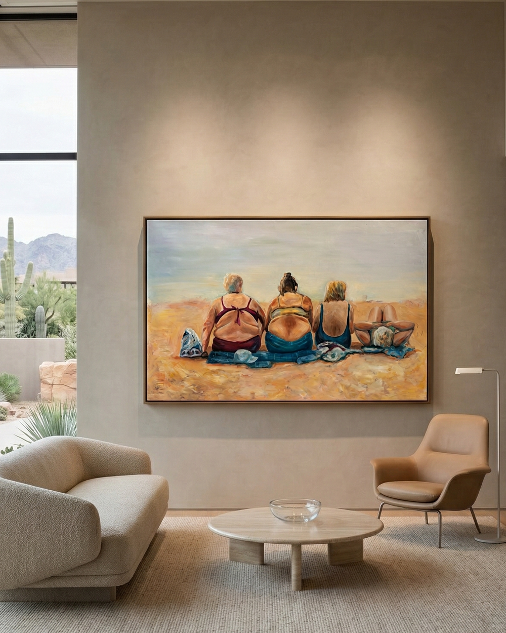 Modern living room with a painting of three people on a desert landscape.