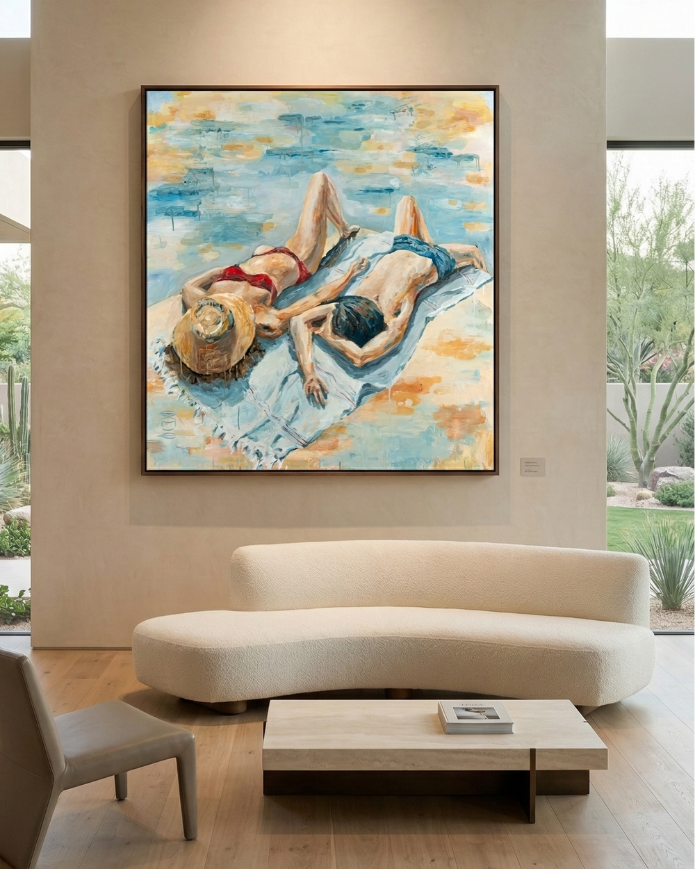 Modern living room with a large abstract painting on the wall, a white sofa, and a coffee table.