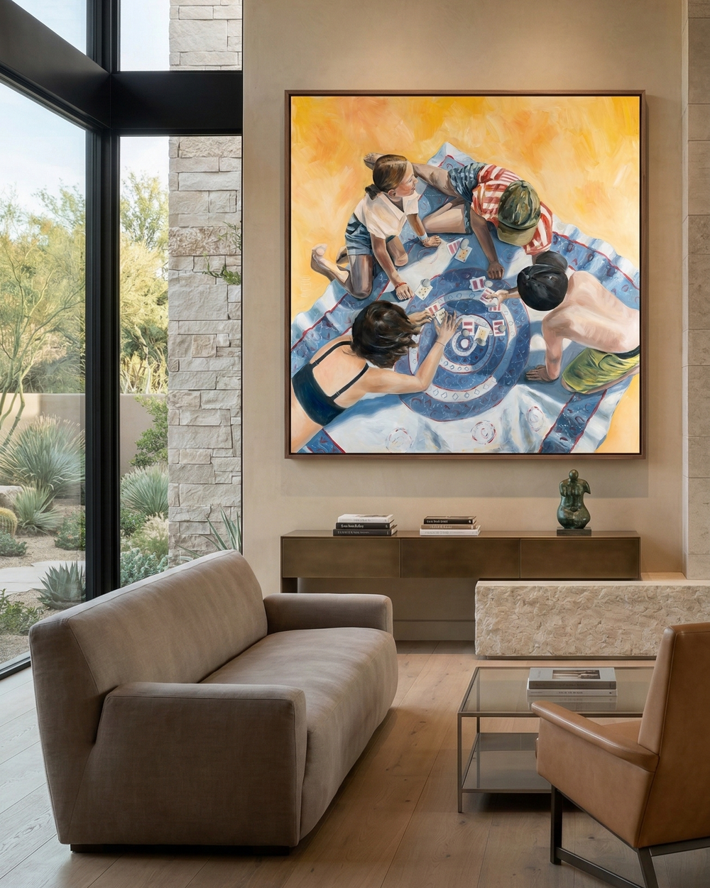 Modern living room with a large abstract painting on the wall