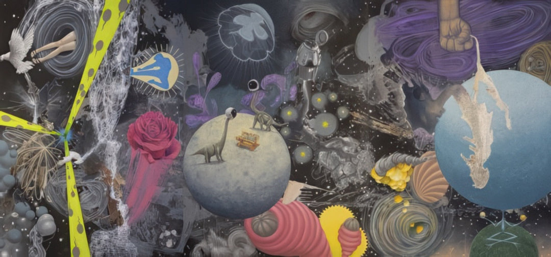 Surreal cosmic composition blending planets, abstract shapes, animals, and celestial symbols in a dreamlike universe. Artwork titled Landscapes of Probability Theory by Andrius Miezis. Museum-quality giclée print from Giclée Makers Gallery.