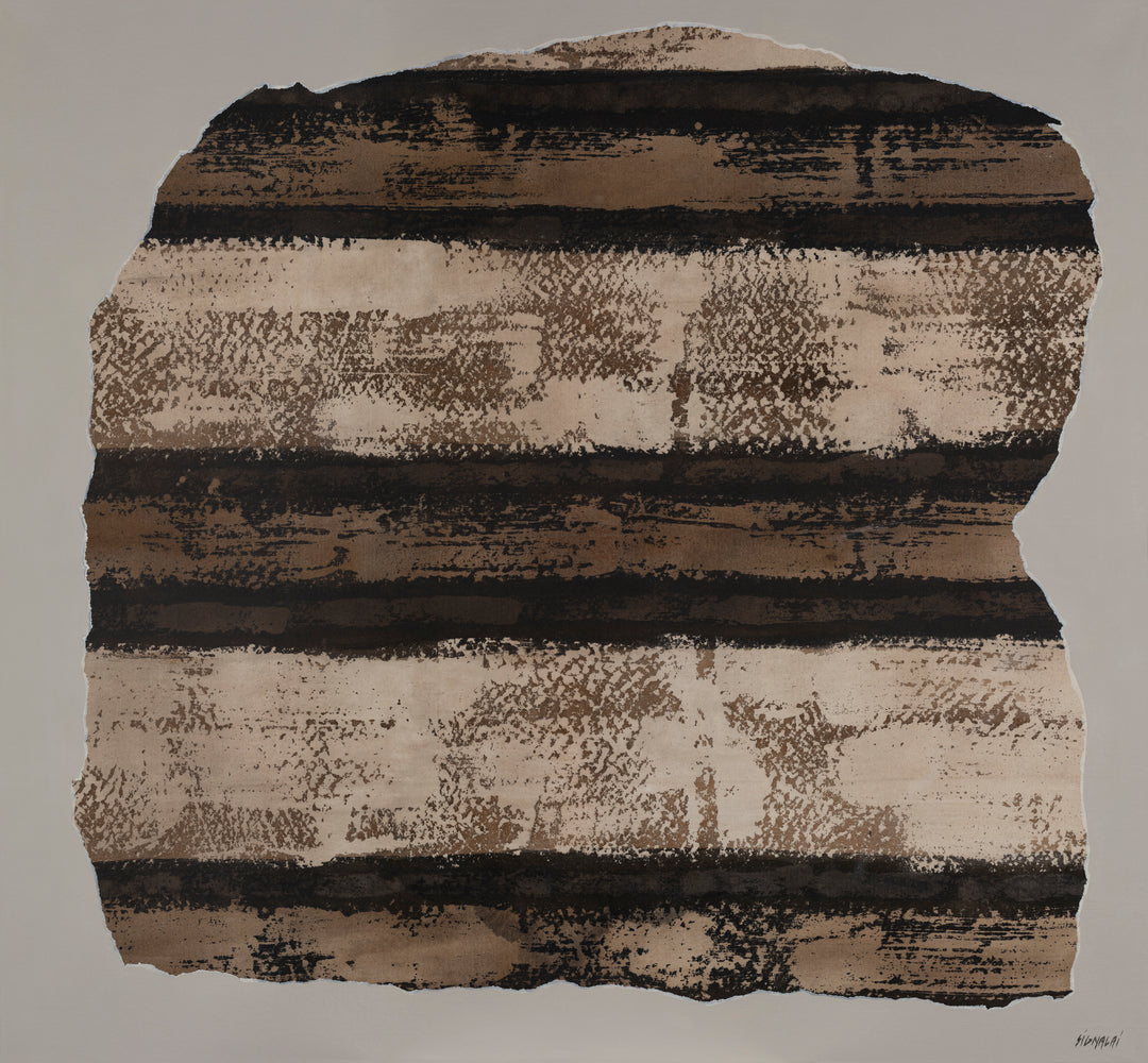 Textured fabric swatch with brown and beige stripes on a gray background