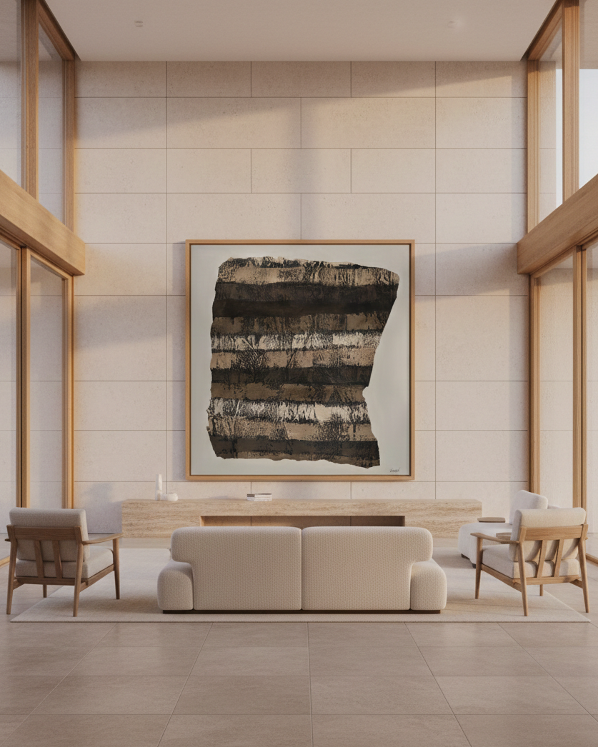 Modern interior with a large abstract painting on a tiled wall, featuring furniture and natural light.