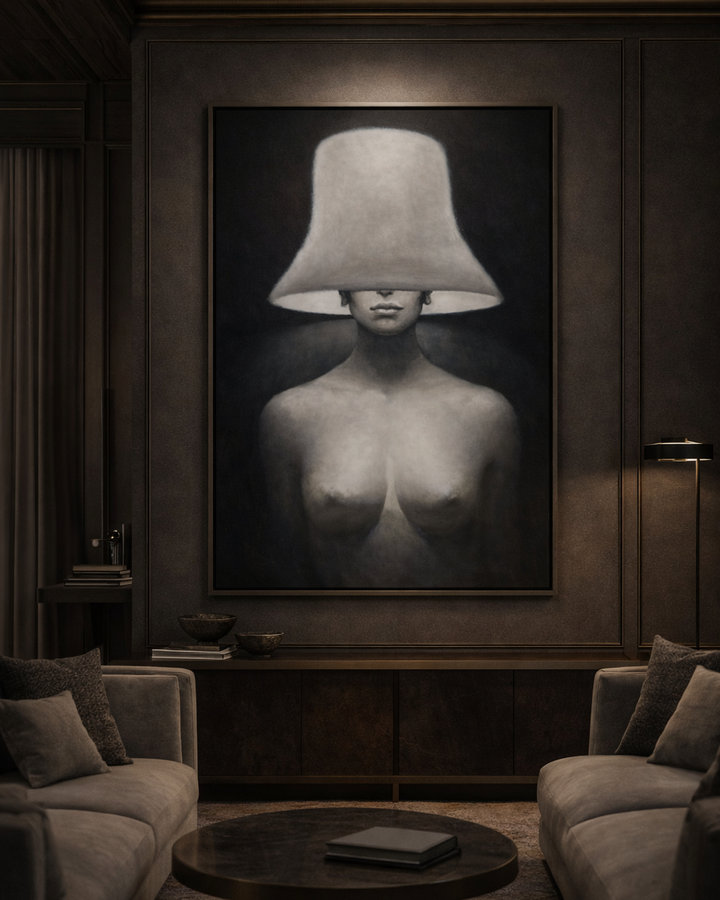 Modern living room with a large framed artwork of a person wearing a lampshade over their head.