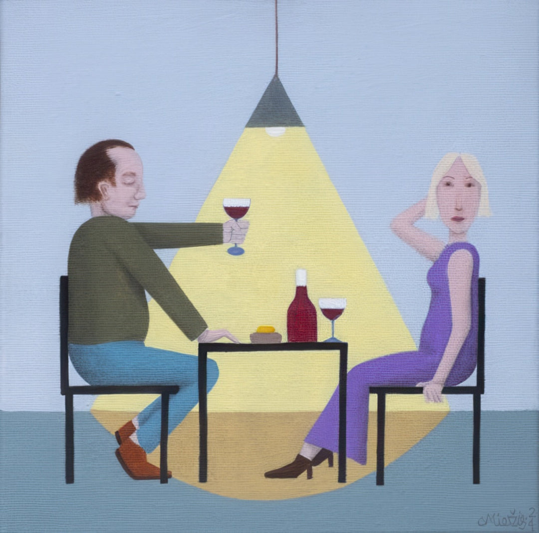 Contemporary surreal painting of a man and woman sitting at a table under a triangular yellow light, each holding a glass of wine. Artwork titled Light Year Intelligence by Andrius Miezis. Museum-quality giclée print from Giclée Makers Gallery.