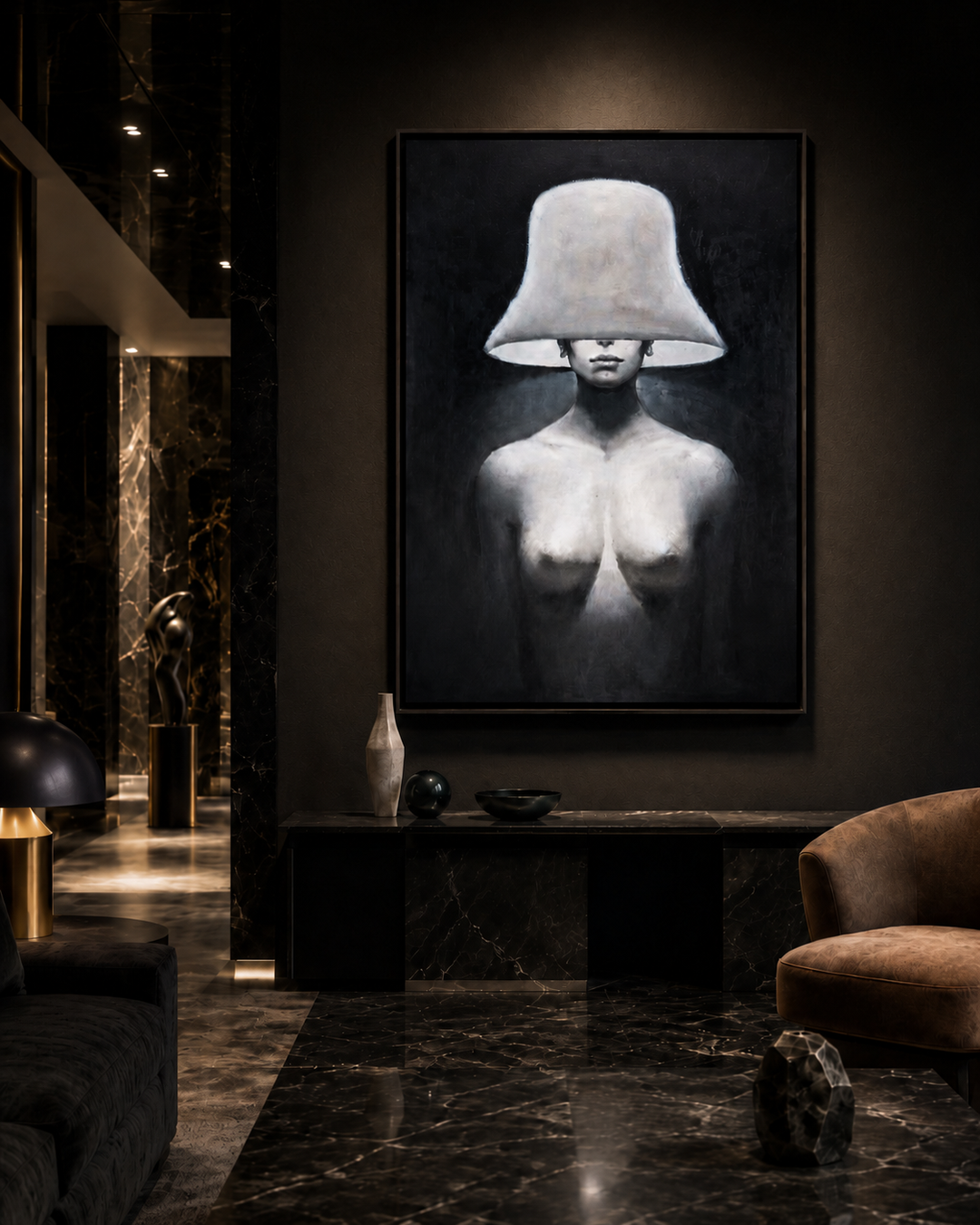 A large framed wall art print hangs in a dark, luxurious interior. The artwork depicts a monochrome portrait of a woman with a large white hat obscuring her head, rendered in black, white, and gray tones.