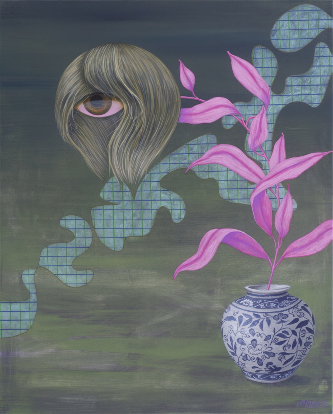 “Little Flower” by Andrius Miezis – surreal contemporary painting featuring an abstract human-like form with a single eye and vibrant pink plant emerging from a blue patterned vase. Modern symbolic art blending fantasy and emotion, available as a luxury giclée print from Giclée Makers.