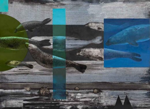 Collage of seals on a wooden background with blue accents
