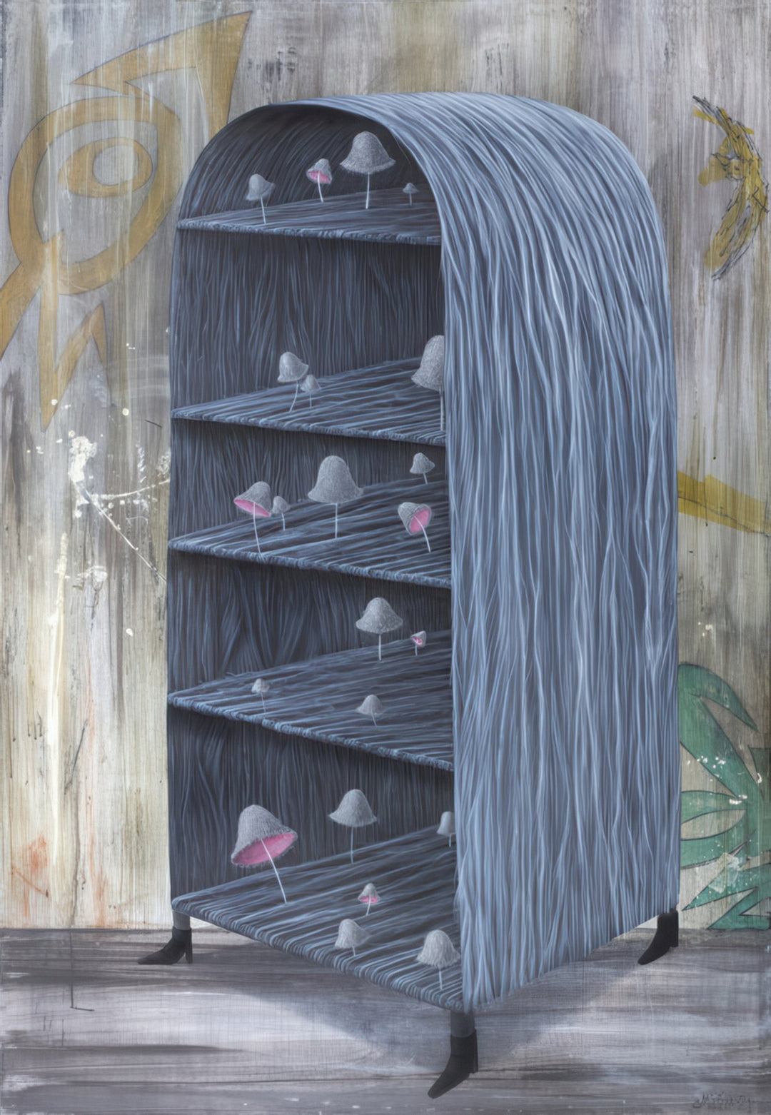 "Long-Haired, Pink-Dreamed Chest of Drawers,Seeking a Full Drawer for a Mature Relationship” by Andrius Miezis – surreal whimsical painting of a blue cabinet with drawers and hair-like texture, symbolizing personality and emotion, available as a museum-quality giclée print by Giclée Makers, Scottsdale AZ
