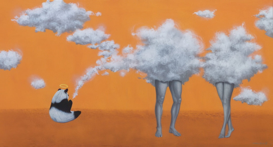 “Love Is in the Air” by Andrius Miezis — surreal fine art painting featuring silver human legs emerging from clouds against a vivid orange background, with a small seated figure wearing a halo. Conceptual giclée print symbolizing emotion and connection. Museum-quality reproduction by Giclée Makers for luxury interiors.