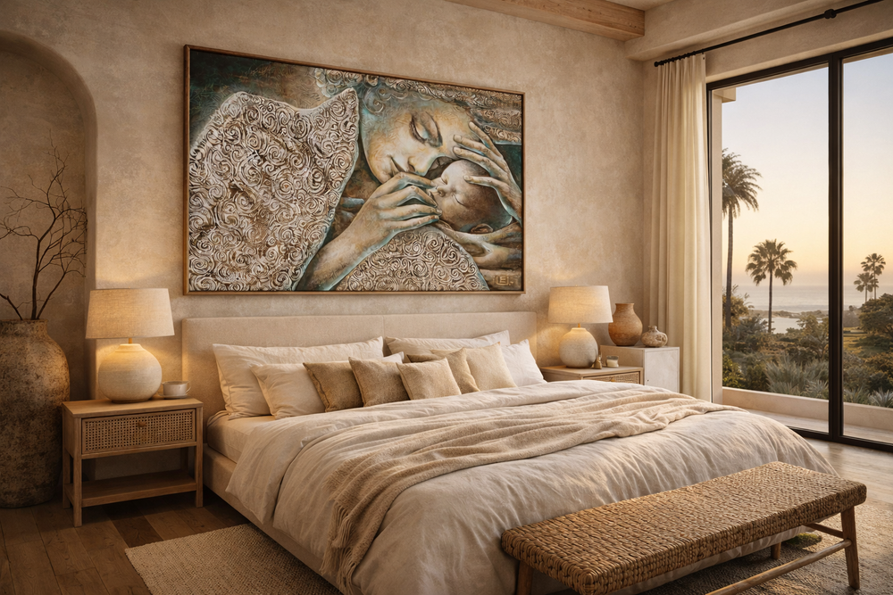 Luxurious bedroom with large bed, artwork on the wall, and scenic view.