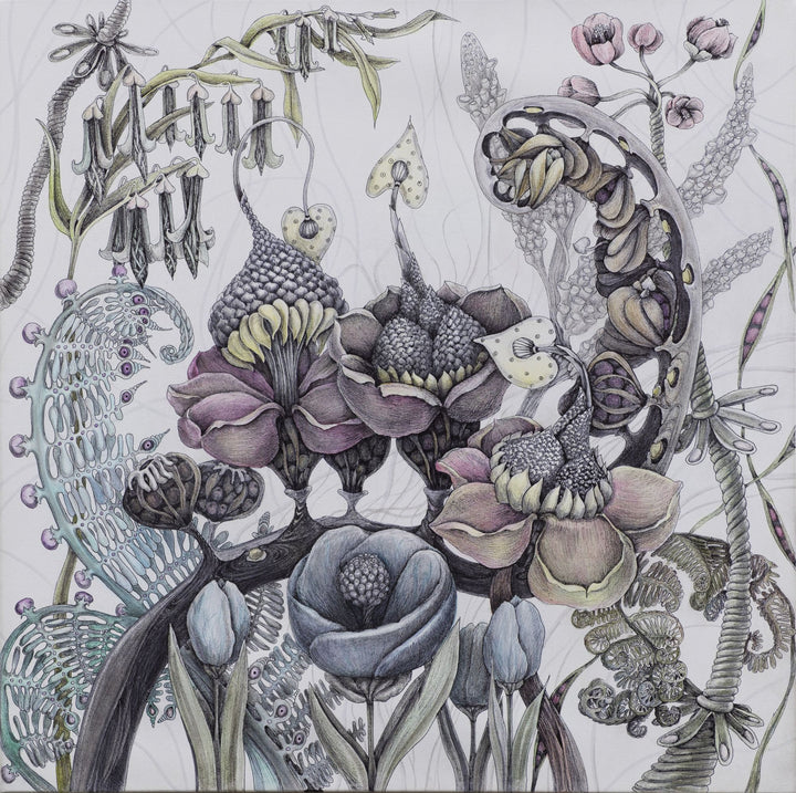 Artistic illustration of magnolia flowers and plants with a focus on detail and color.