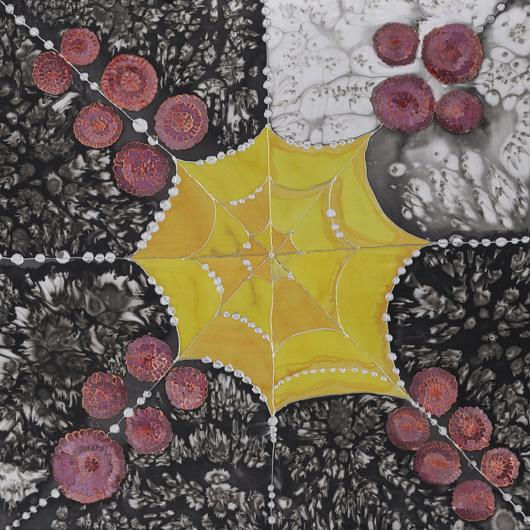 Abstract painting “Major” by Nijole Stunskaite-Vilke featuring a bright yellow geometric star-like shape with white dotted lines, surrounded by purple and red circular motifs on black and white textured backgrounds.