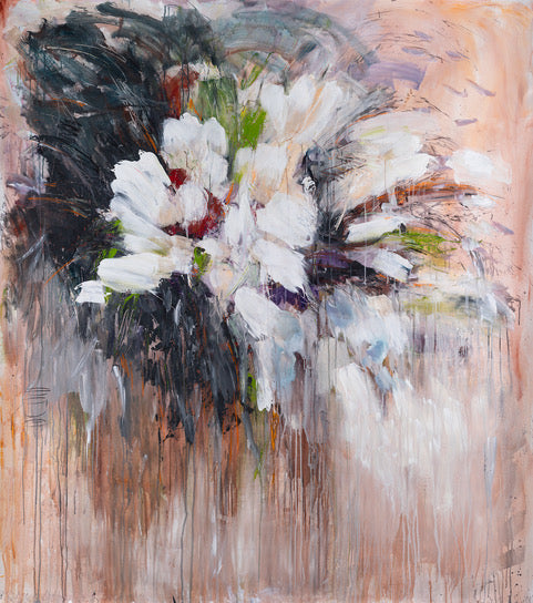 Abstract painting with white flowers on a textured background