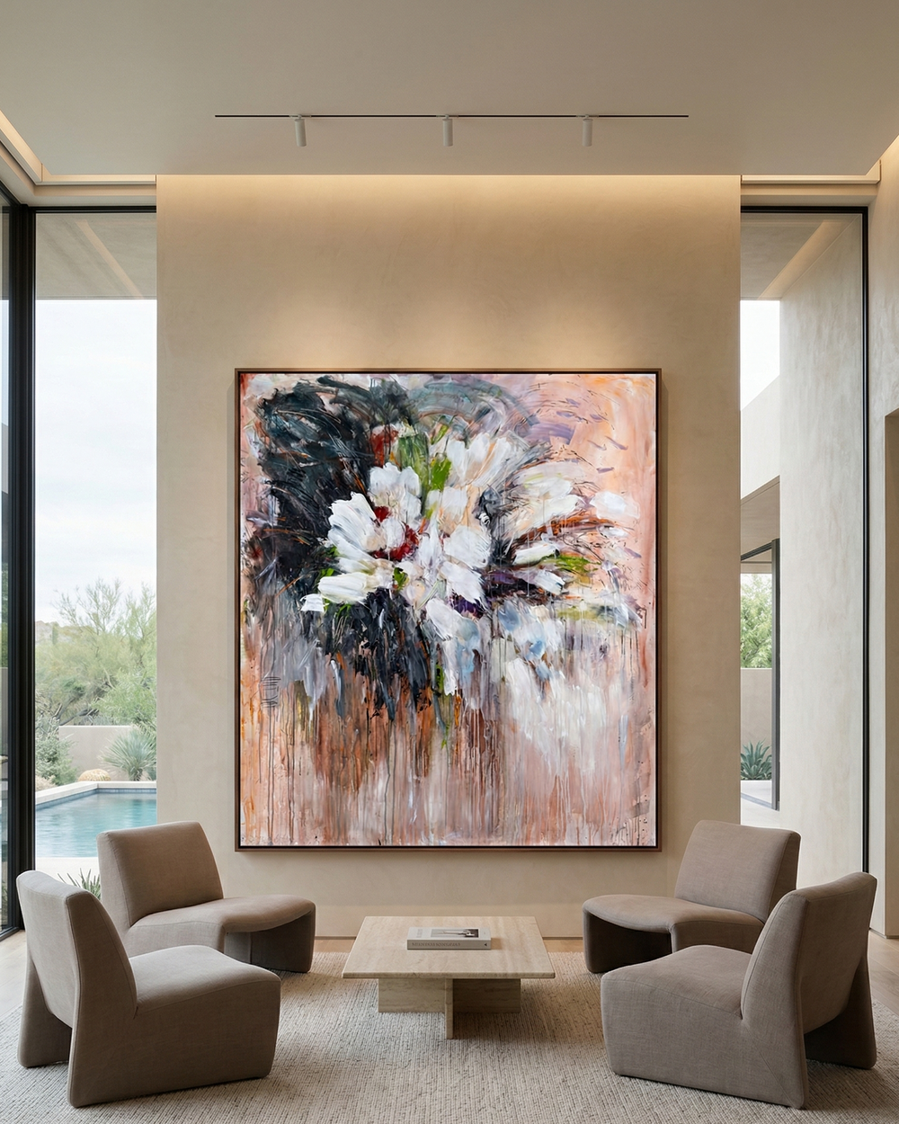 Modern living room with abstract floral painting on the wall