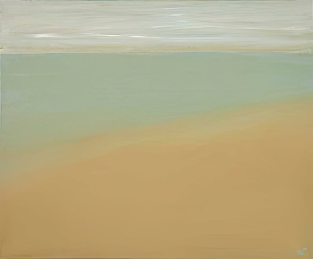 Abstract art with horizontal stripes of beige, green, and white.