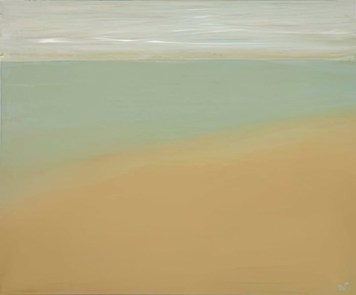 Abstract art with horizontal stripes of beige, green, and white.
