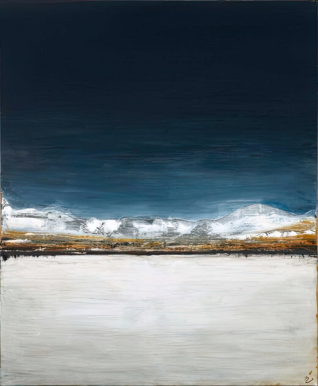 Abstract painting with a dark blue sky, white clouds, and a light brown landscape.