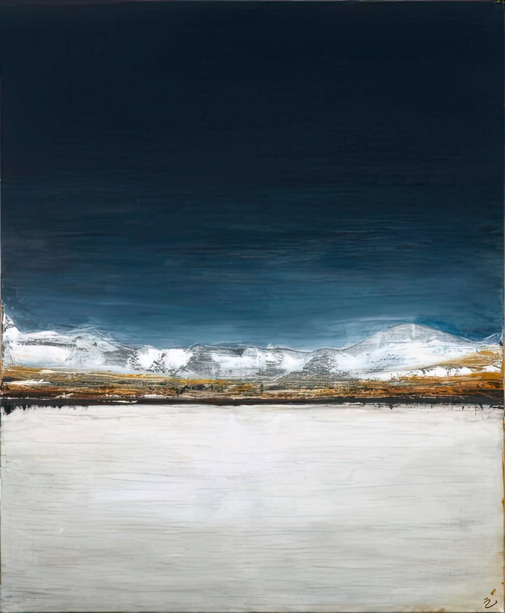 Abstract painting with a dark blue sky, white clouds, and a light brown landscape.