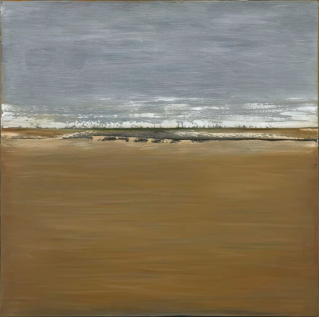 Abstract painting with horizontal brushstrokes of brown and gray.