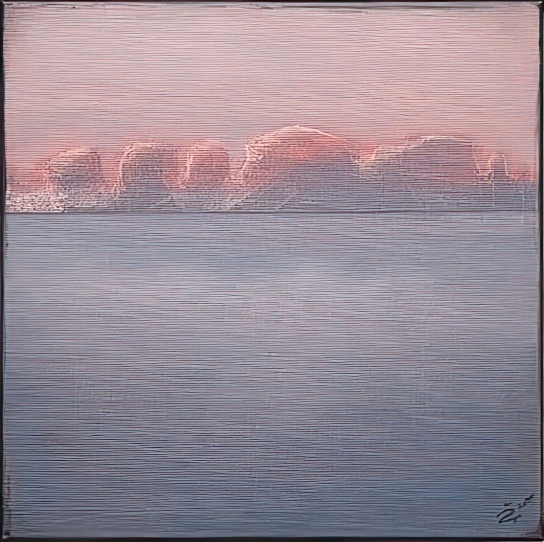 Abstract artwork with horizontal brush strokes in pink and blue tones