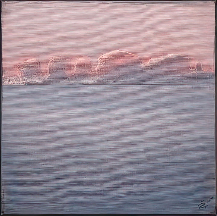 Abstract artwork with horizontal brush strokes in pink and blue tones