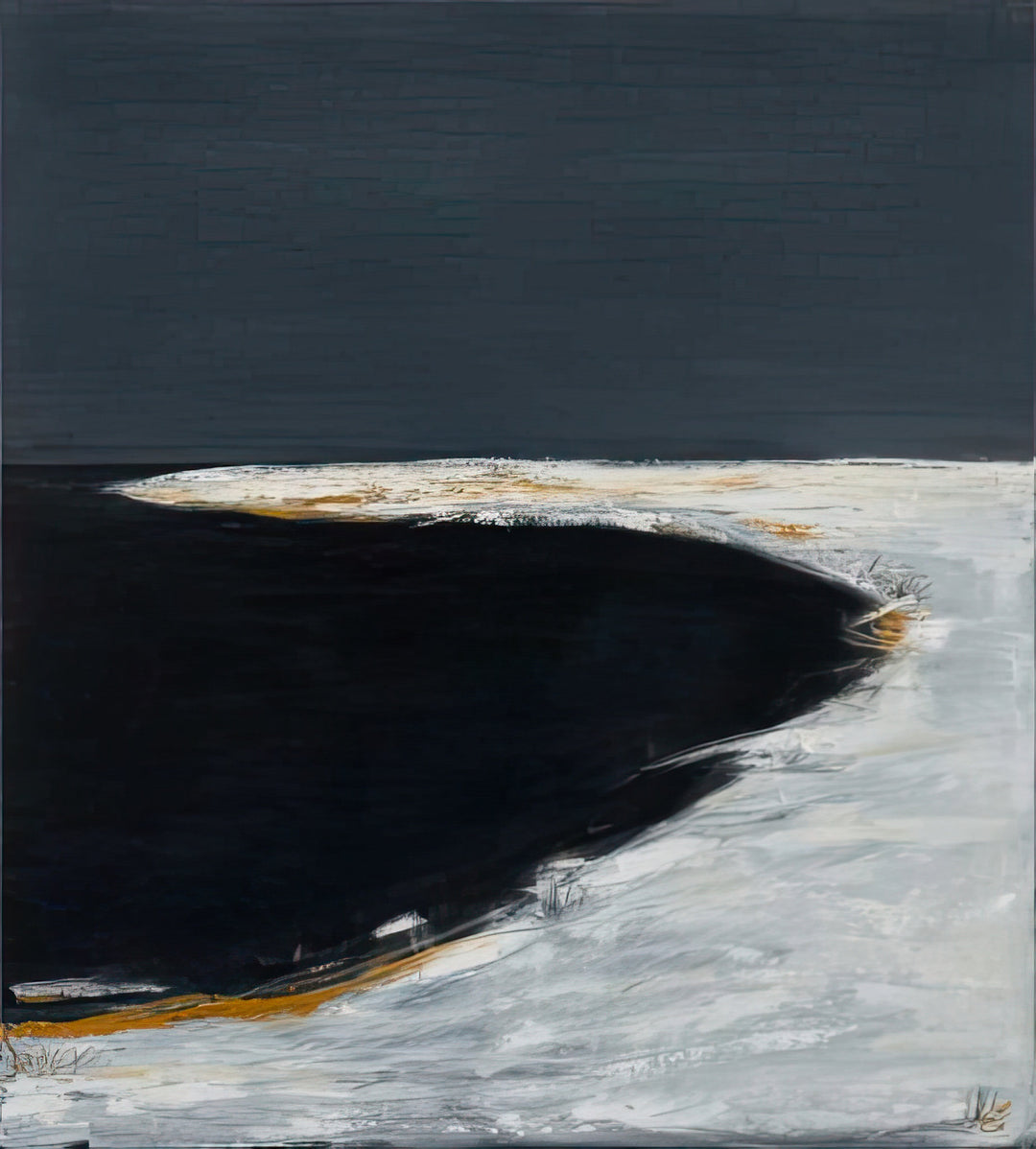 Abstract art piece with black sea, white, and gray colors