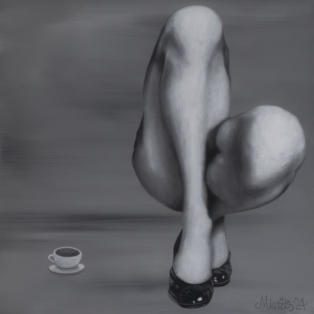 "Maybe Coffee -  Thick and Black?” surreal black-and-white painting by Andrius Miezis, depicting elegantly crossed legs beside a coffee cup — contemporary figurative art available as museum-quality giclée print on canvas or fine art paper by Giclée Makers, Scottsdale AZ