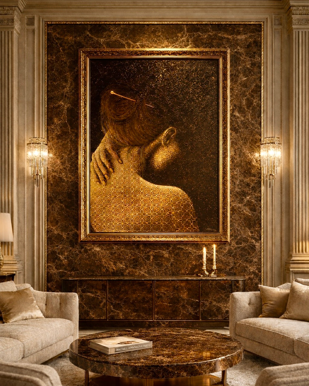 Luxurious interior with a large framed portrait on a marble wall, flanked by two armchairs and a coffee table.