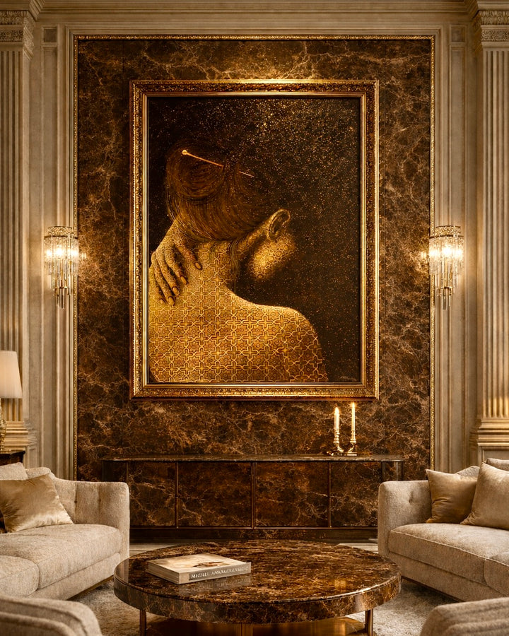 Luxurious interior with a large framed portrait on a marble wall, flanked by two armchairs and a coffee table.
