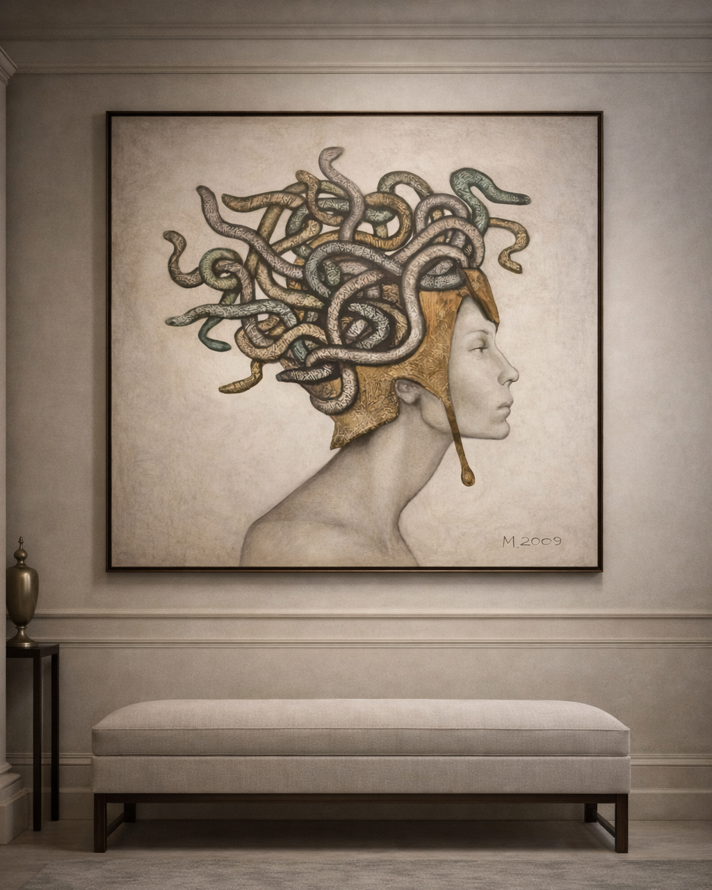 Framed artwork of a woman's head with snakes on a wall above a bench.
