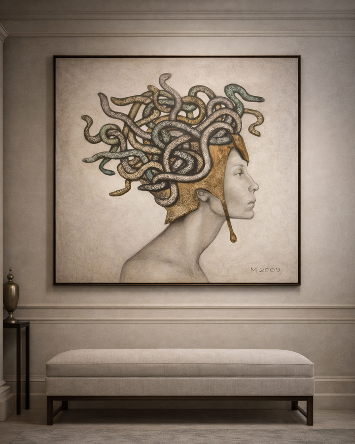 Framed artwork of a woman's head with snakes on a wall above a bench.