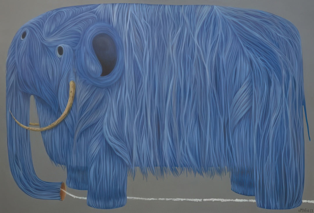 “Blue Mammoth Follows a White Track” surreal painting by Andrius Miezis - whimsical depiction of a large blue mammoth walking across a minimalist landscape, blending fantasy and humor with modern symbolism, fine art giclée print by Giclée Makers, Scottsdale, Arizona.