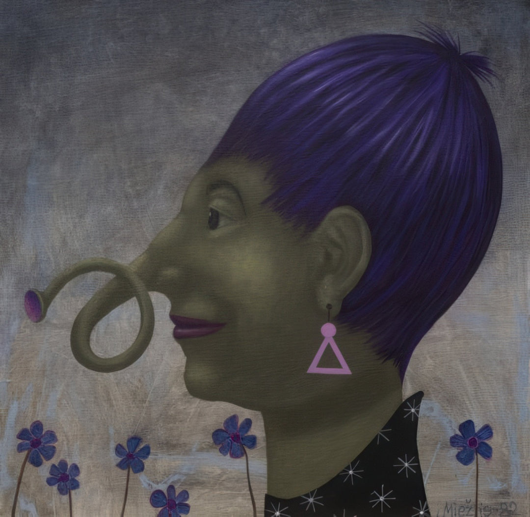 “Art Critic” surreal painting by Andrius Miezis — imaginative portrait of a green-faced figure with a whimsical spiral nose, violet hair, and geometric pink earring, surrounded by delicate blue flowers. Symbolic and humorous reflection on perception and judgment in the art world, fine art giclée print by Giclée Makers, Scottsdale, Arizona.