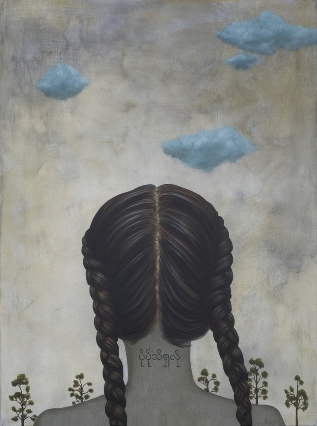 “A Girl Who Nobody Followed” surreal figurative painting by artist Andrius Miezis - symbolic composition of a solitary girl with braids under a moody sky with clouds, expressing introspection and individuality, fine art giclée print by Giclée Makers, Scottsdale, Arizona.