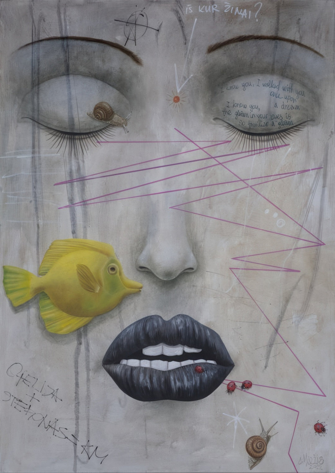 “Sleeping Beauty” surreal portrait painting by artist Andrius Miezis — dreamlike female face with closed eyes, intersecting abstract lines, and a yellow fish symbolizing silence and imagination, contemporary fine art giclée print by Giclée Makers, Scottsdale, Arizona.