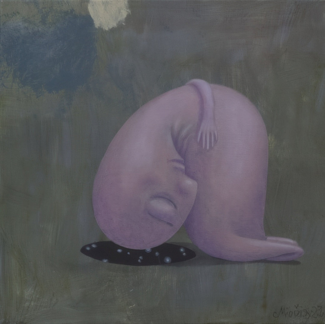 “Sleep” surreal figurative painting by artist Andrius Miezis — dreamlike image of a resting purple figure curled in peaceful stillness, symbolic contemporary fine-art giclée print by Giclée Makers, Scottsdale, Arizona.