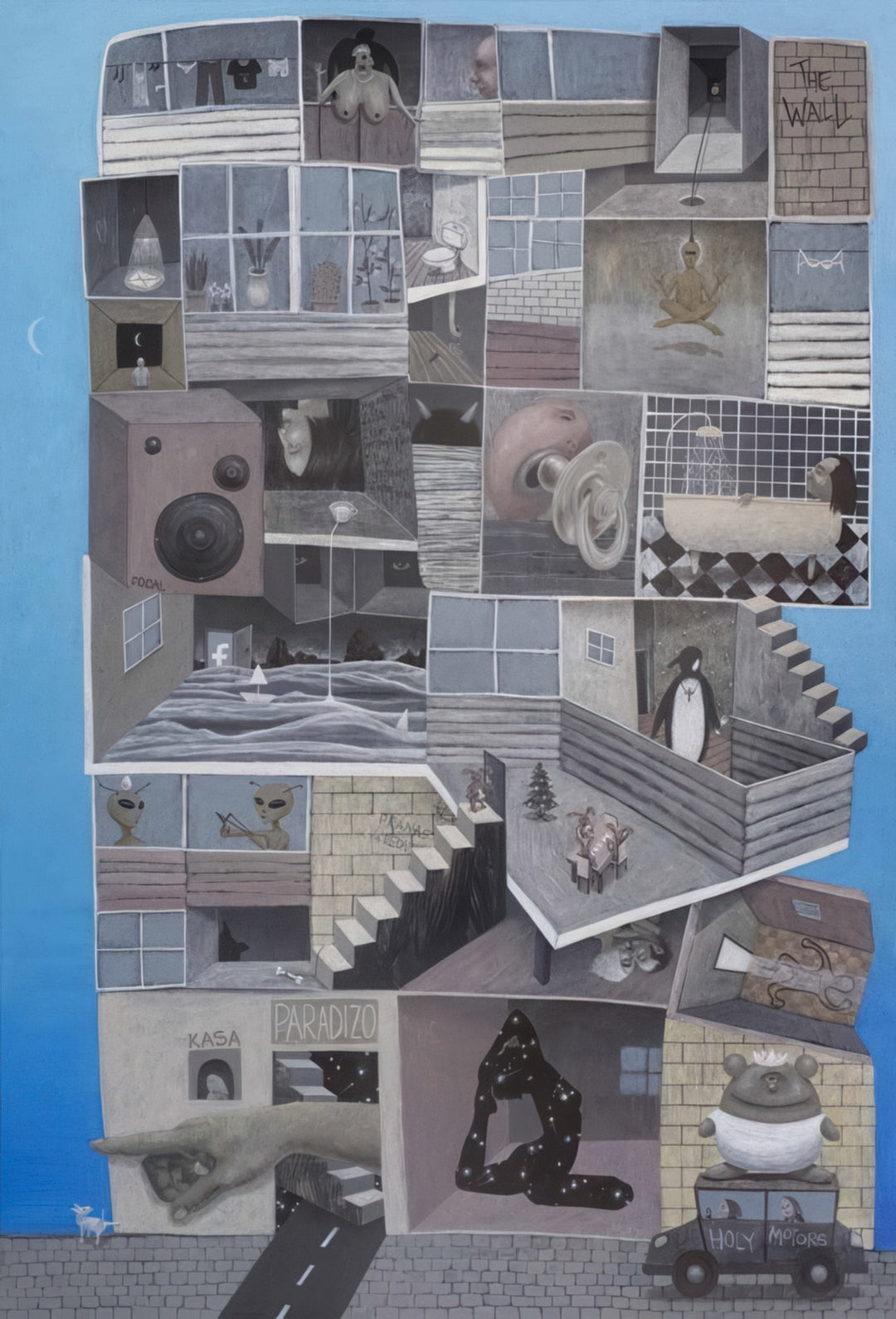 “Home Sweet Home” surreal architectural collage by artist Andrius Miezis - imaginative composition featuring staircases, rooms, and symbolic interior elements in muted tones, contemporary fine art giclée print by Giclée Makers, Scottsdale, Arizona.
