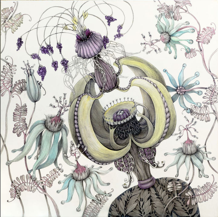 Colorful floral and abstract design with intricate details on a white background