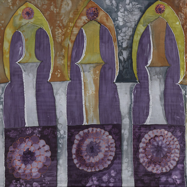 Abstract painting “Minuet” by Nijole Stunskaite-Vilke featuring repeating vertical purple and gold forms with circular floral motifs and textured backgrounds inspired by rhythmic, dance-like symmetry.