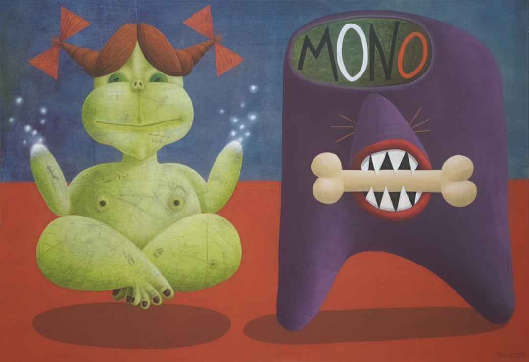 “Miss Buddha” by Andrius Miezis – surreal contemporary painting featuring a green meditative female figure and a whimsical purple creature. Symbolic modern art blending humor, spirituality, and pop surrealism – available as a fine-art giclée print from Giclée Makers.