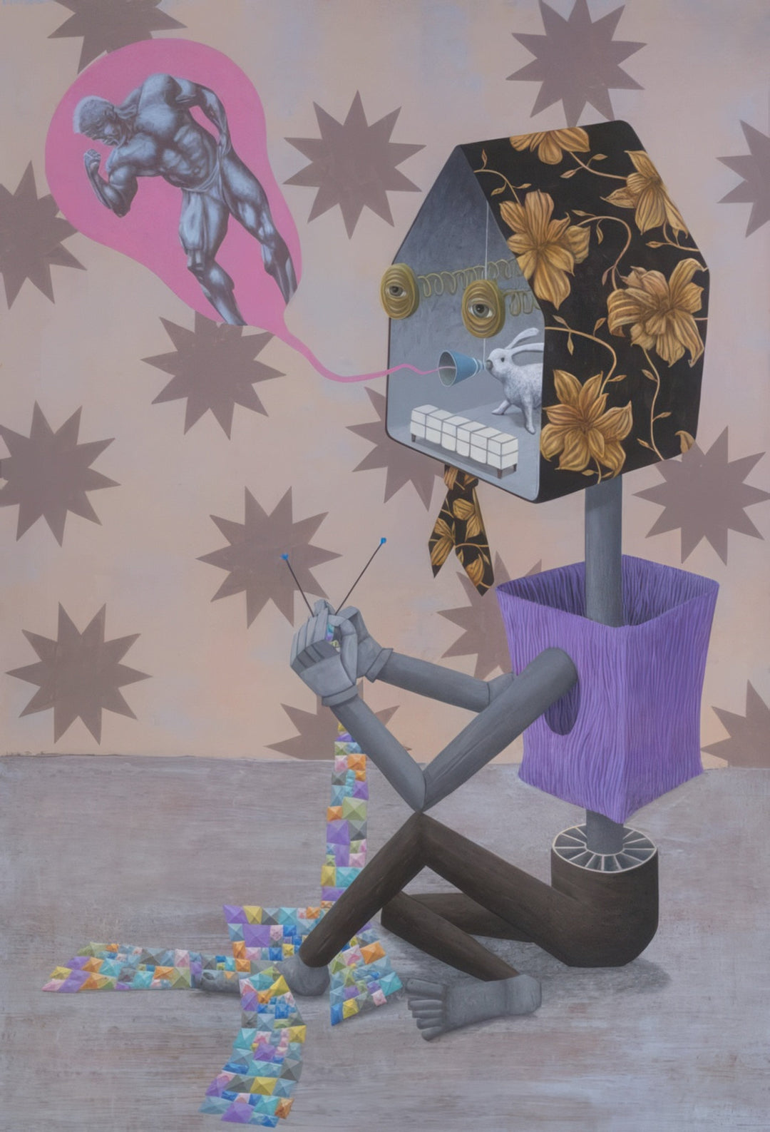 “Grandmother’s Lullaby” surreal figurative painting by artist Andrius Miezis — imaginative scene featuring an abstract grandmother figure in patterned tones, whimsical symbolic contemporary fine-art giclée print by Giclée Makers, Scottsdale, Arizona.